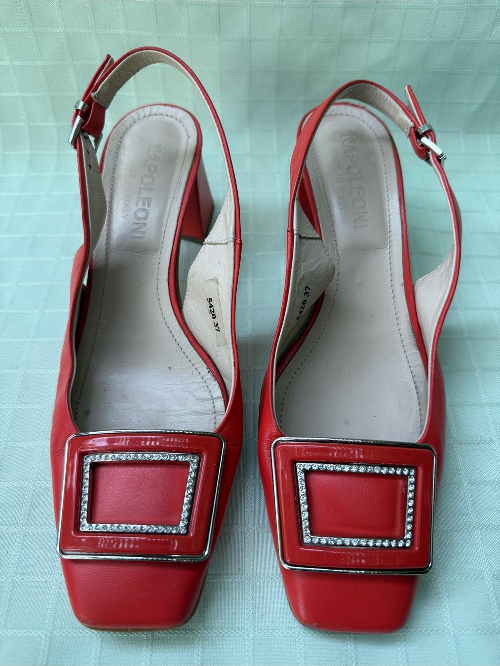 Napoleoni Orange Red Slingback Mid Heel Leather Pumps with Embellished Buckle